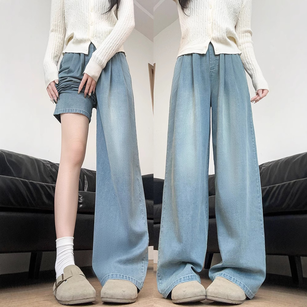 Blue Tencel Jeans for Women 2025 New Autumn/Winter High-Waisted Loose Straight Wide-Leg Slimming for Petite Figures