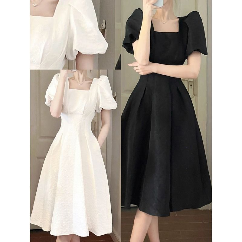 Váy maxi nữ cổ vuông tay phồng chất liệu jacquard hoa nổi, thiết kế xòe rộng thanh lịch — màu đen, màu trắng chi tiết 3