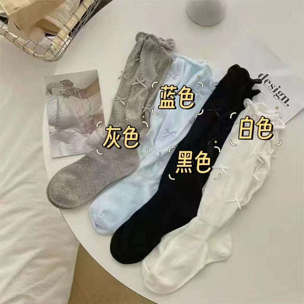 夏季芭蕾风蝴蝶结jk洛丽塔袜子女过膝白色小腿堆堆袜无骨透气袜子