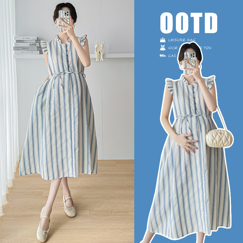 Cotton and Linen Maternity Summer Dress 2025 New Japanese Style Style Stripesd Small Flying Sleeves Pregnant Mother Skirt A-Line Mid-Length Cotton and Linen Maternity Summer Dress 2025 New Japanese Style Style Stripesd Small Flying Sleeves Pregnant Mother Skirt A-Line Mid-Length