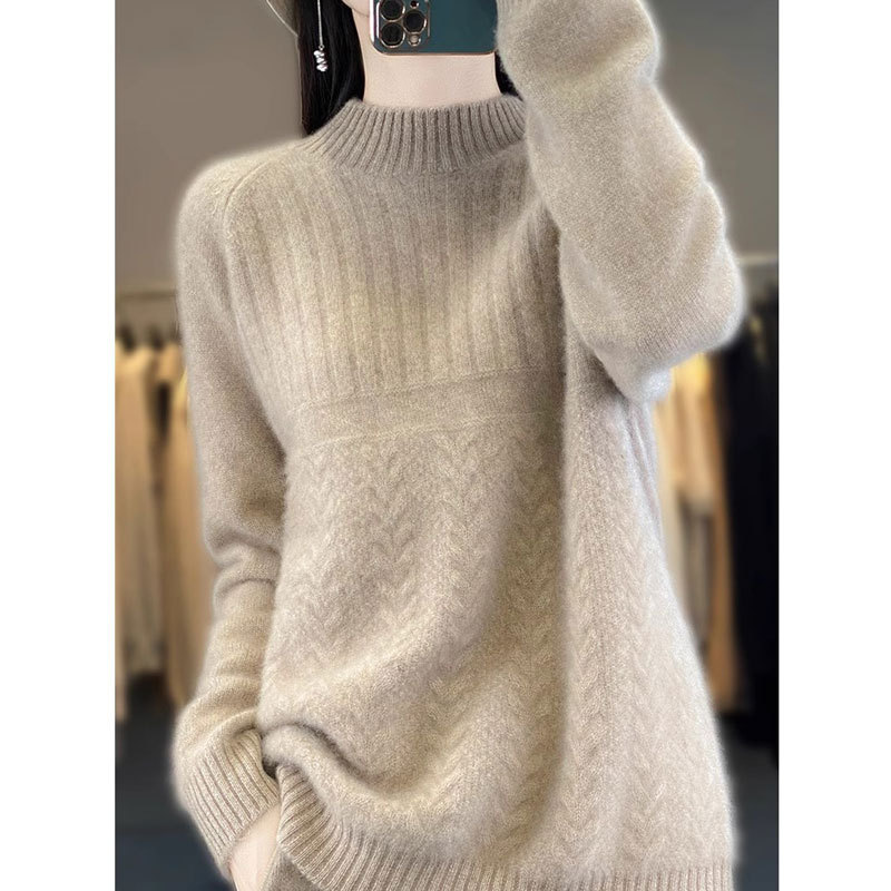 Plus-Size Autumn and Winter 100% Cashmere Sweater for Women, Half-High Collar, Thick Jacquard Pullover Wool Knit Base Sweater