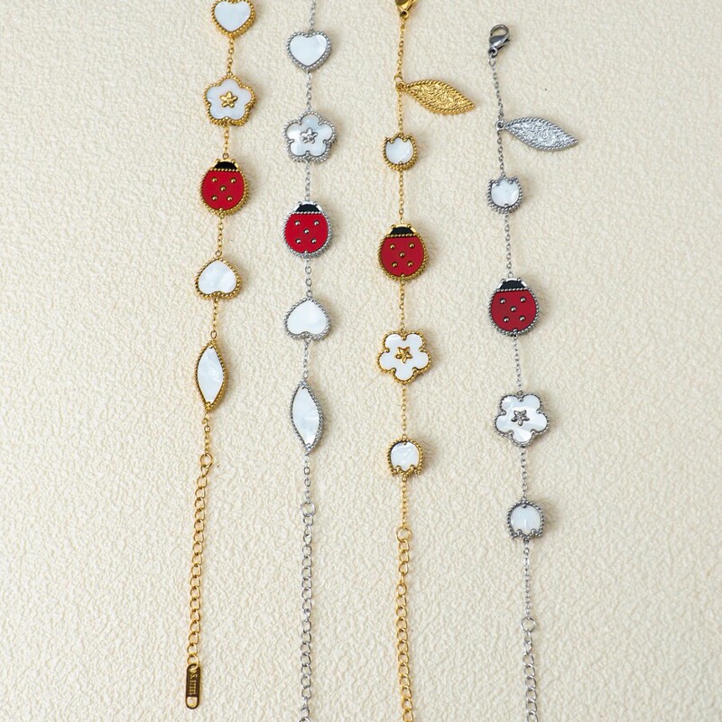 Cross-Border Hot-Selling Exquisite Four-Leaf Clover Ladybug Bracelet, Light Luxury High-End Irregular Five-Flower White Mother-Of-Pearl Bracelet Chain Cross-Border Hot-Selling Exquisite Four-Leaf Clover Ladybug Bracelet, Light Luxury High-End Irregular Five-Flower White Mother-Of-Pearl Bracelet Chain