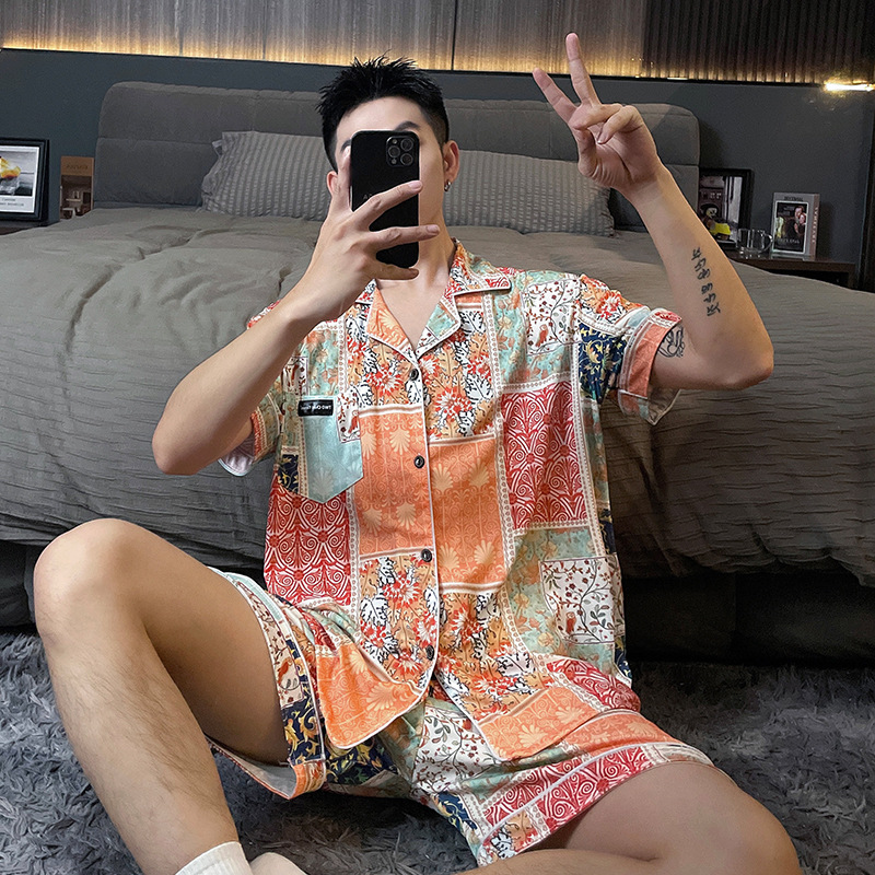 Pajamas for Men, Summer Ice Silk Lapel Short-Sleeved Two-Piece Set, Plus Size 150kg Thin Loose Home Wear Set