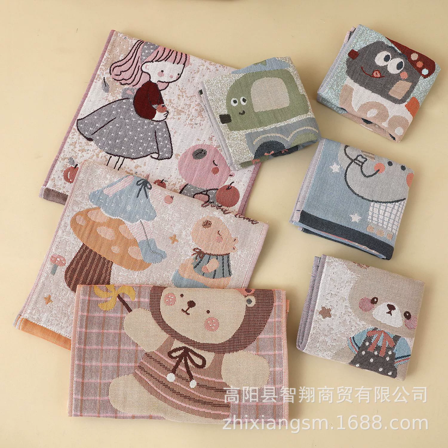 Gaoyang Manufacturer Wholesale Children's 25*50 Pure Cotton Jacquard Children's Scarf Dark Cartoon Thick Soft Water-Absorbing Hand Wipe