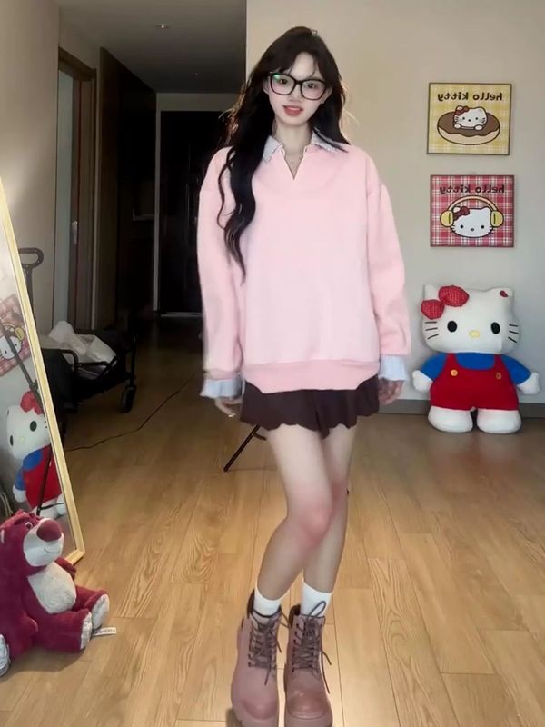 2025新款早秋粉色假两件无帽长袖卫衣女秋冬宽松甜酷辣妹翻领上衣|undefined