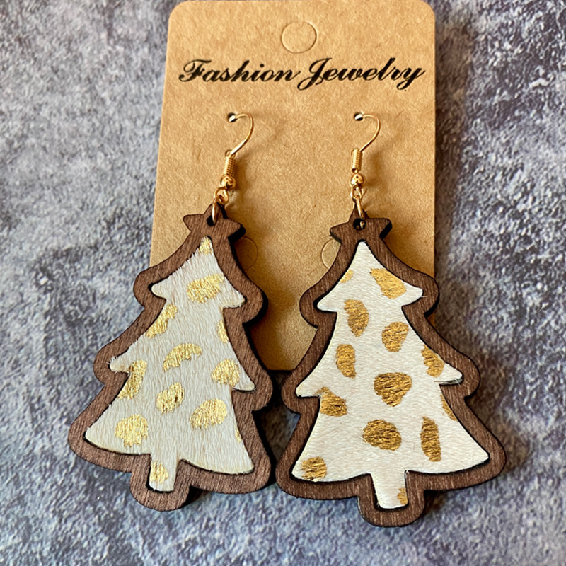 1 Pair Retro Christmas Tree Leopard Wood Drop Earrings display picture 2