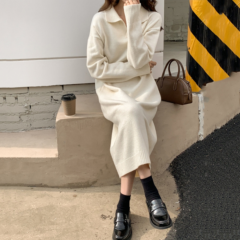 polo领打底裙秋冬款配大衣长款过膝慵懒风宽松厚毛衣针织连衣裙女
