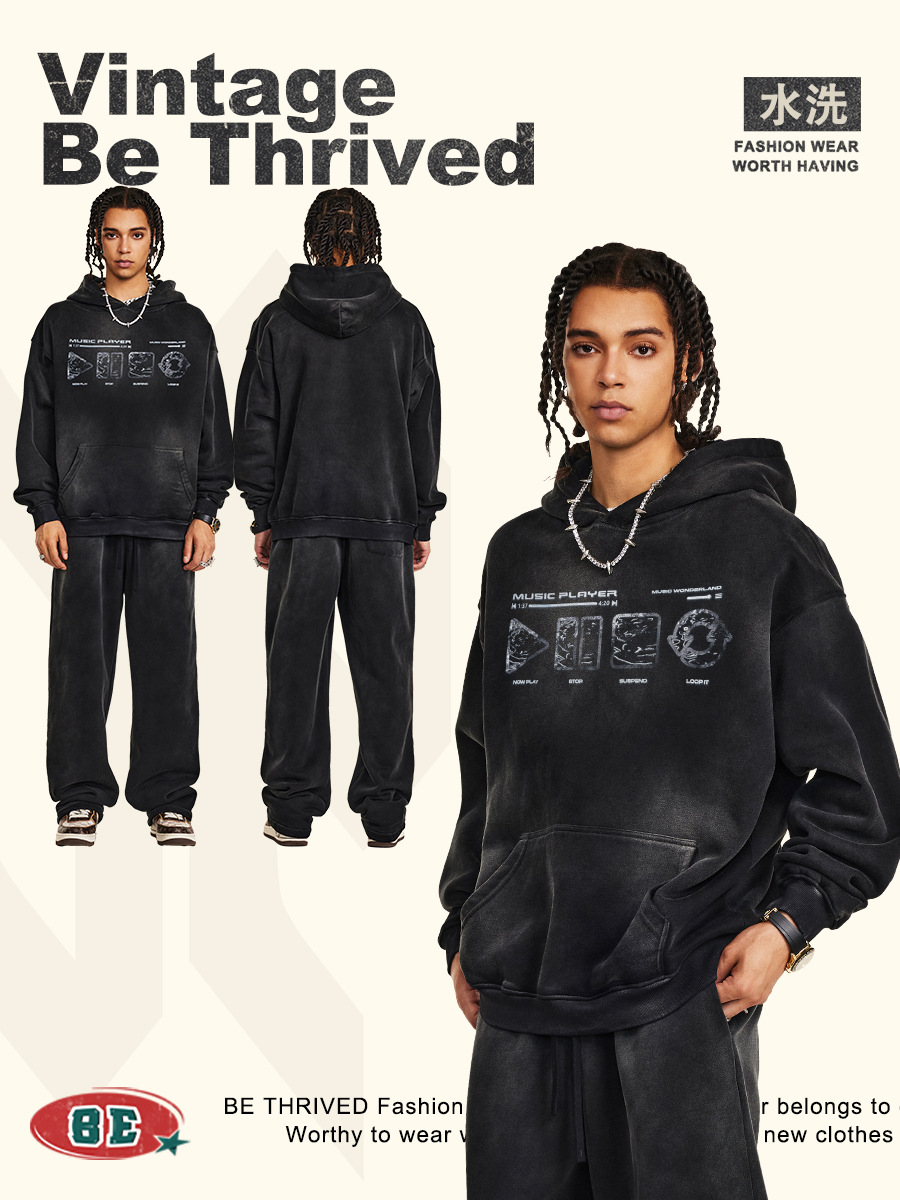 Be Hombres| 2025 otoño americano vibe lavado hace vieja impresión de marca de moda chaqueta con capuz suelta ropa pesada image 4