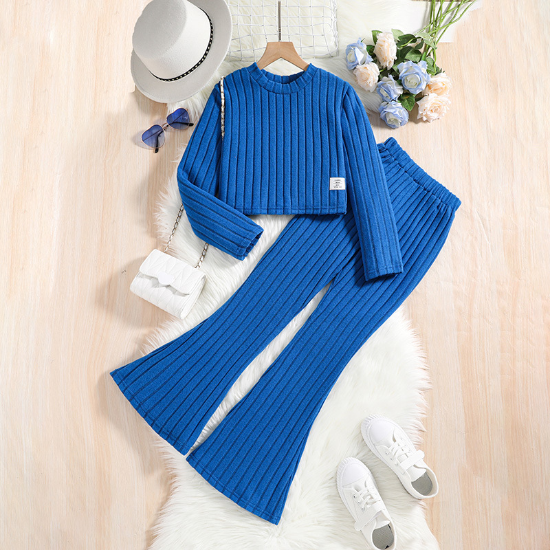 Girls' Knitted suit Cross-border Children's Wear Autumn New Mid-large Children's Pit Strip Long-sleeved Top Flared Pants Two-piece Set