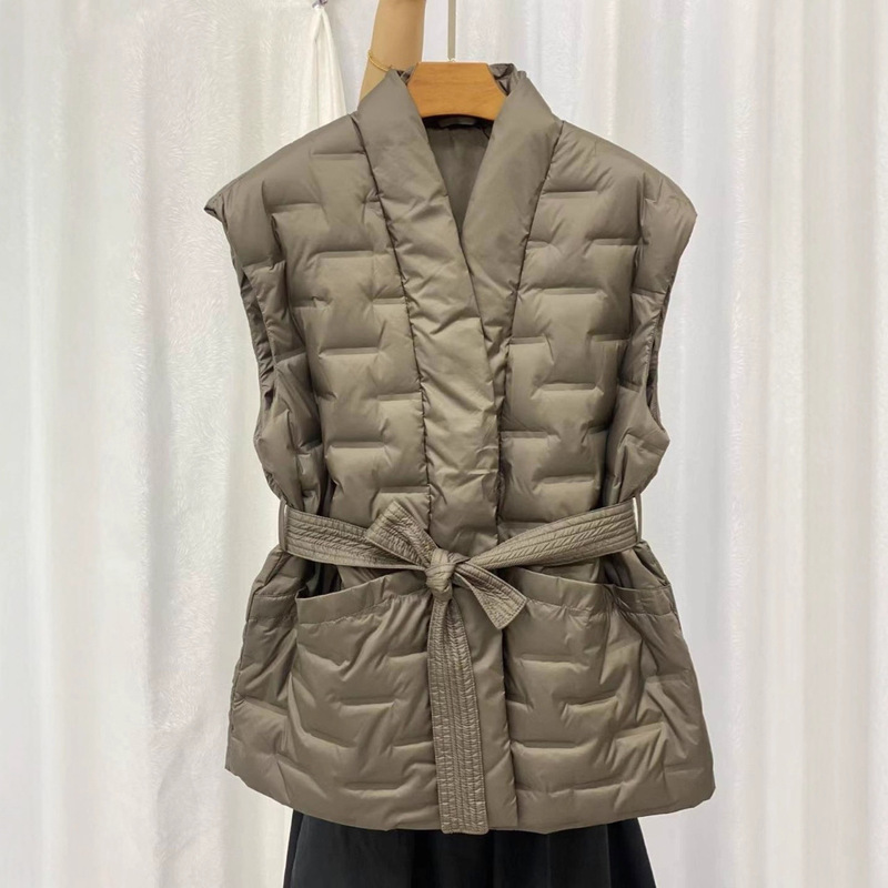 Cross-Border Autumn and Winter New Vest with Rubberized White Duck down Jacket Women's Short Vest with Waist Belt and Slim Fit Jacket