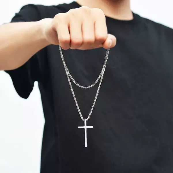 New Cross-Border European and American Titanium Steel Cross Necklace for Men, Trendy Versatile Stainless Steel Cross Pendant Sweater Chain Accessory