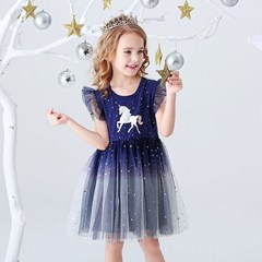 Children's dress, unicorn short-sleeve dress, kids' skirt, autumn 2024 new fashion, dreamy princess dress, trendy