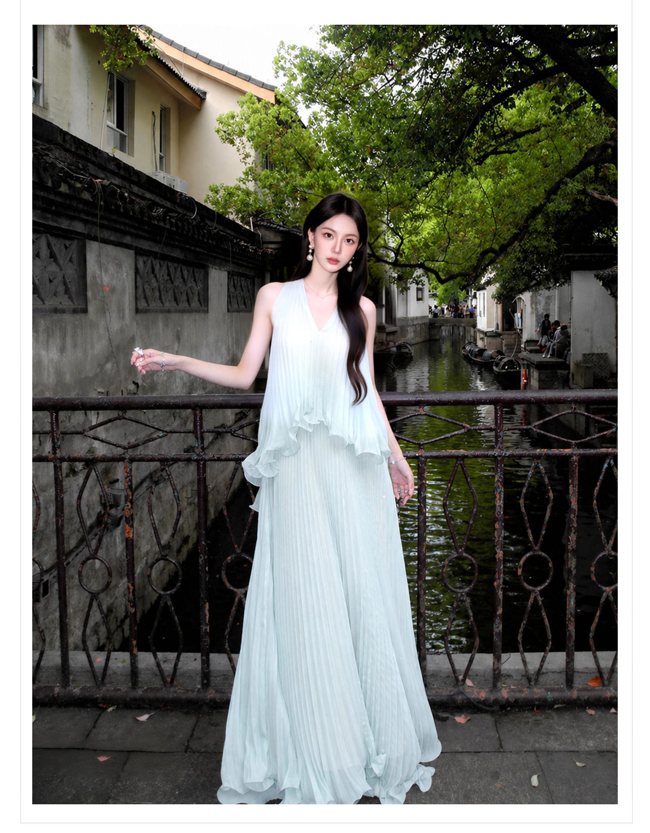 Đầm maxi nữ thắt eo voan mỏng phong cách Tân Trung Hoa mùa hè — bạc hà xanh chi tiết 9