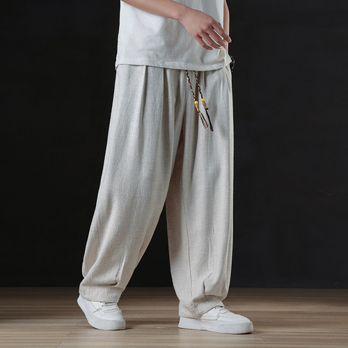 Linen pants for men, summer loose and flowing wide-leg casual long pants, new Chinese style, national style, plus-size linen lantern