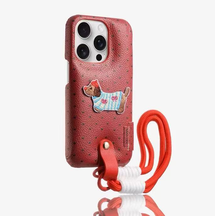 Bordado de dibujos animados cachorro color sólido lunares para 16ProMax bolsa de batería 15 funda para teléfono 13 Apple 14 pareja 15PM