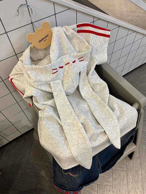 日本のかわいいウサギの耳フード付き半袖Tシャツレディース夏新作スリムフィットカジュアルジャケットトップス|undefined
