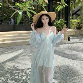 新品 2025.清酒山茶间.夏季露背吊带连衣裙女可拆卸袖连身裙