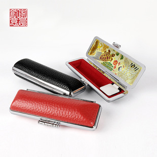 Name stamp genuine leather box brocade turtle crane picture lychee pattern with inkpad round seal box Japanese seal box