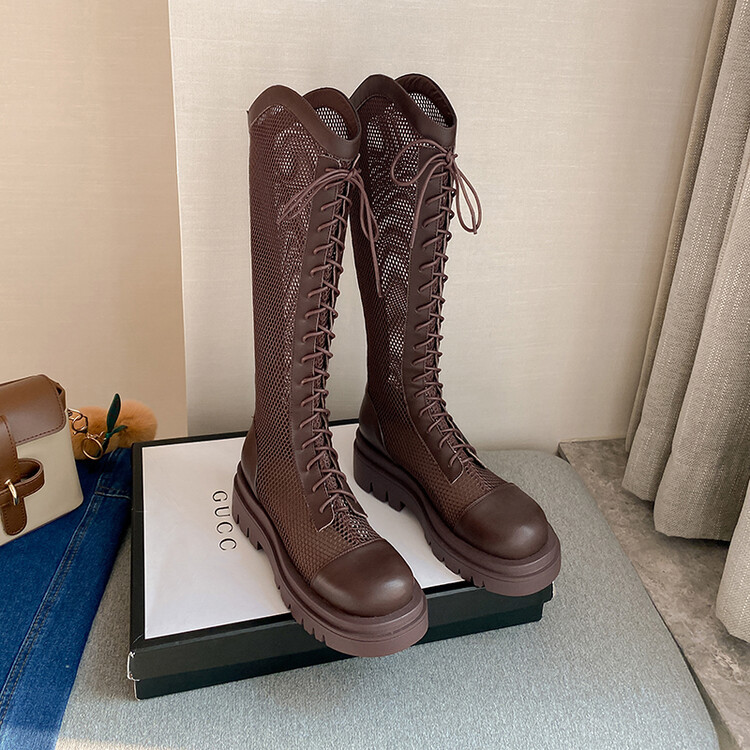 Boot lưới da thật cổ cao đế dày thoáng khí mùa xuân hè phong cách kỵ sĩ buộc dây — Màu nâu ống lớn, Màu đen cổ ống lớn, Ống nhỏ màu đen, Ống nhỏ màu be chi tiết 101