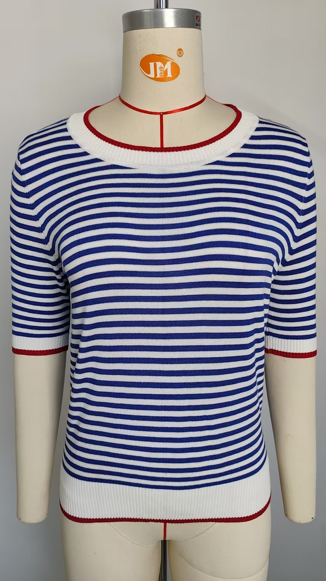 Women Clothing Summer Stripe Knitted T shirt Short Sleeve Ice Silk Contrast Color British College