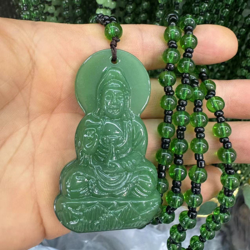 짙은 녹색 둥근 구슬 목걸이 + 휴대용 꽃병 관음