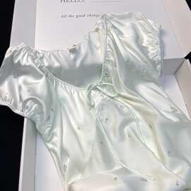 韩系高级感碎花V领冰丝睡衣女夏季2025新款大码舒适家居服睡裙女