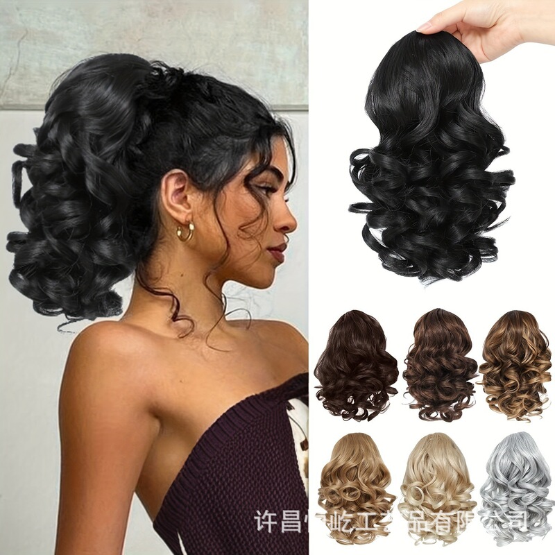 Cross-Border European and American Style Drawstring Short Ponytail, Roman Curls, Natural Realistic Synthetic Fiber Wavy Ponytail, Foreign Trade Wig Cross-Border European and American Style Drawstring Short Ponytail, Roman Curls, Natural Realistic Synthetic Fiber Wavy Ponytail, Foreign Trade Wig