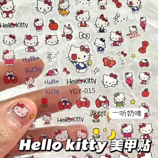 Sanrio Kt Cat Nail Art Stickers Japanese Style Cartoon Girl Heart Ins Waterproof Super Cute Ccd Decorative Stickers with Adhesive Backing