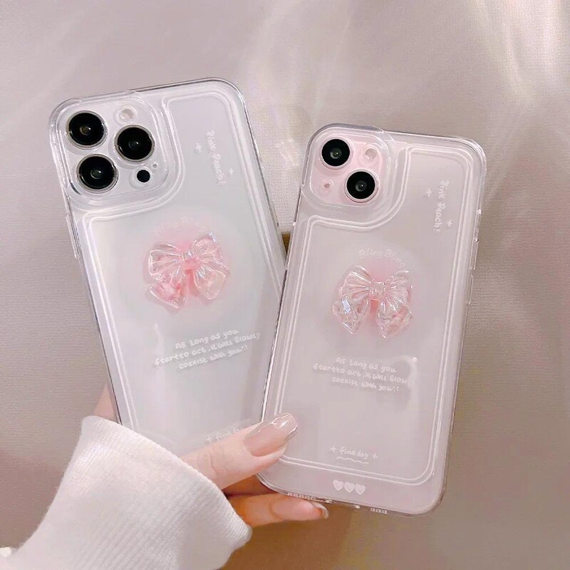 3D Pink Bow Suitable for Iphone16Promax Phone Case Apple 14Plus Transparent 15Pro Fairy 17