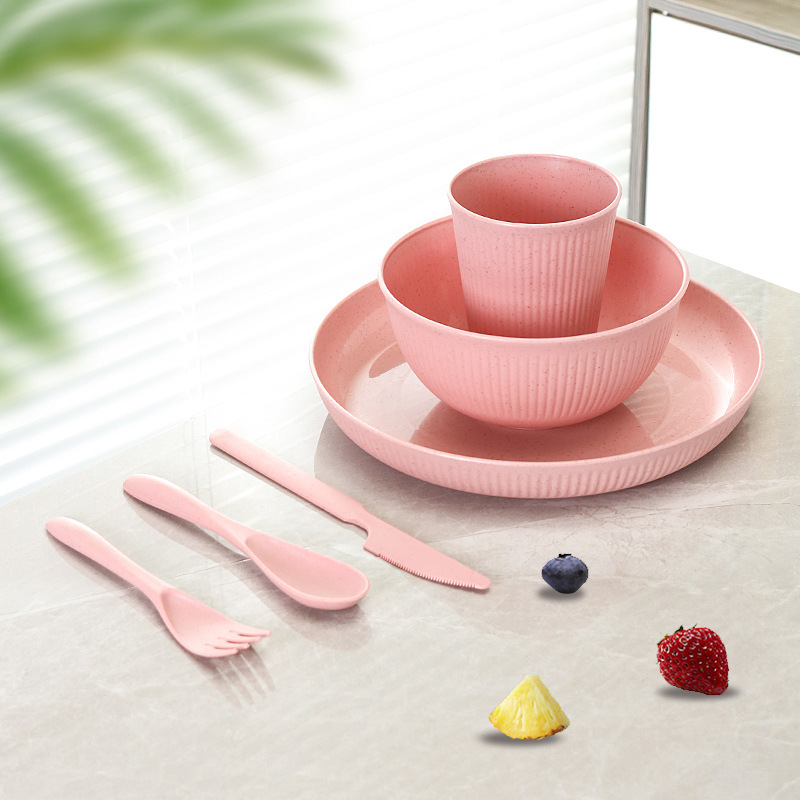 24-piece familia vajilla traje de paja de trigo rayado plato taza tazón de arroz restaurante plato tazón de fideos taza de agua image 11