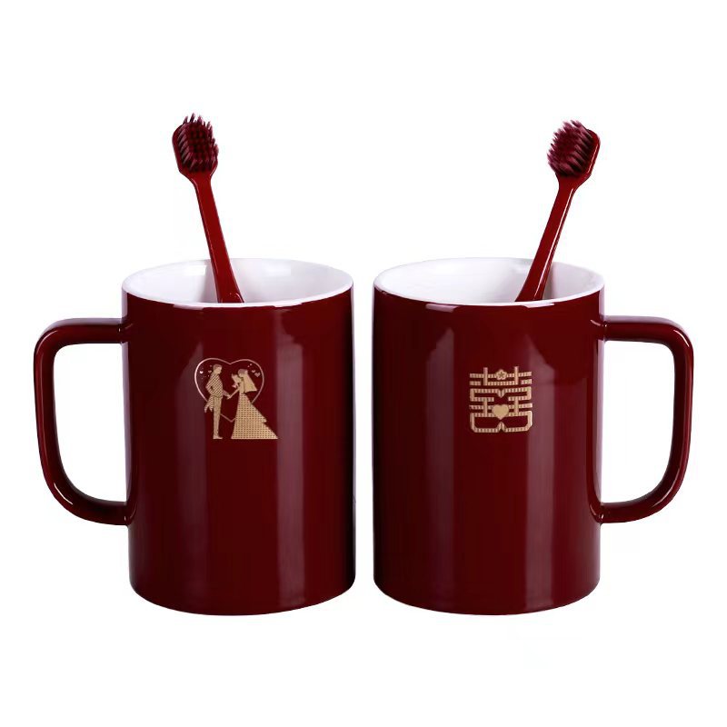 Taza de enjuague de boda, un par de tazas de cepillo de dientes de boda rojas, tazas de cepillo de dientes de boda, set de tazas de dientes de boda