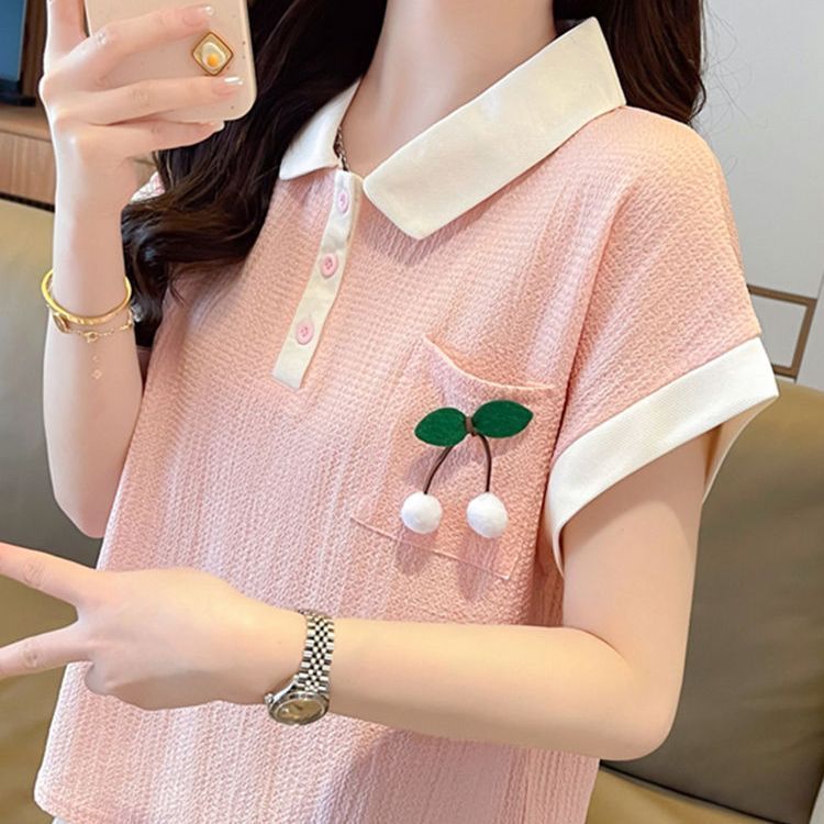 大码肌理感口袋polo领短袖t恤女夏季新款胖mm宽松显瘦遮肉上衣女|undefined