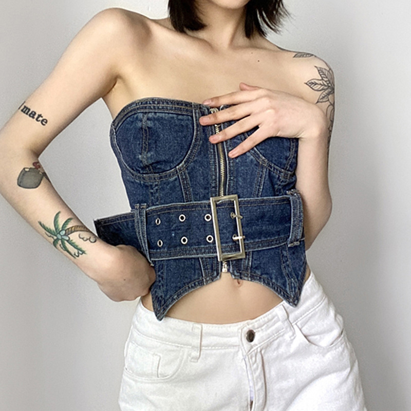 zipper stitching backless tube top belt slim denim vest NSGWY122786