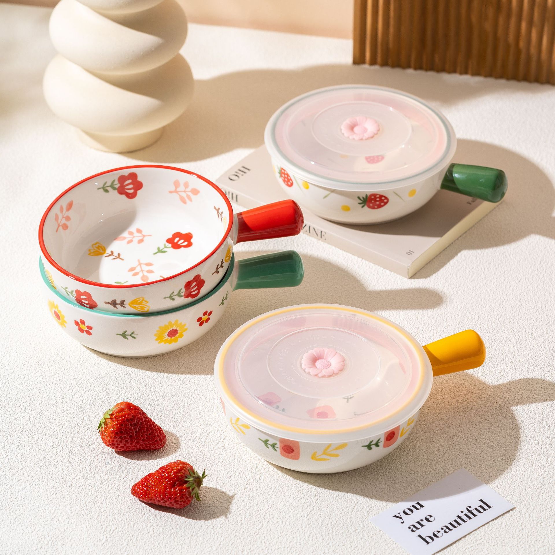 에어 프라이어 특수 그릇 오븐 사용 가능한 9.5 인치 싱글 핸들 그릇 가정용 인터넷 유명 인사 아름다운 세라믹 식기 무료 배송