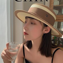 M标英伦小香平顶草帽女夏天遮阳防晒小清新草编帽子出游海边沙滩