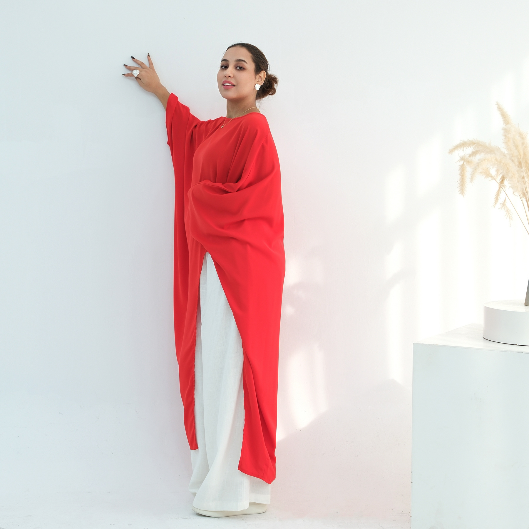 Voya Women's Oversized Modest Robe - Loose Fit Asymmetric Top With Crew Neck, Solid Color Longline Cardigan, Casual Loungewear, Elegant Daily Wear,_ecoleips.com