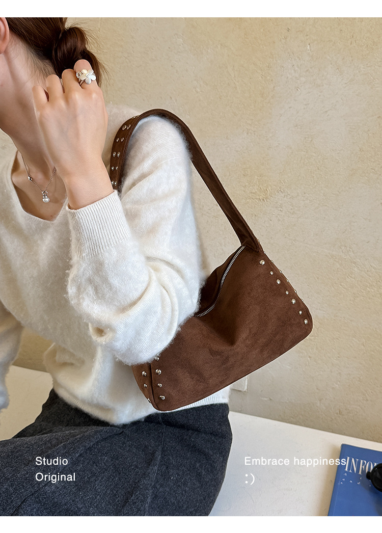 Studded Suede Crescent Zip Underarm Hobo Bag 22