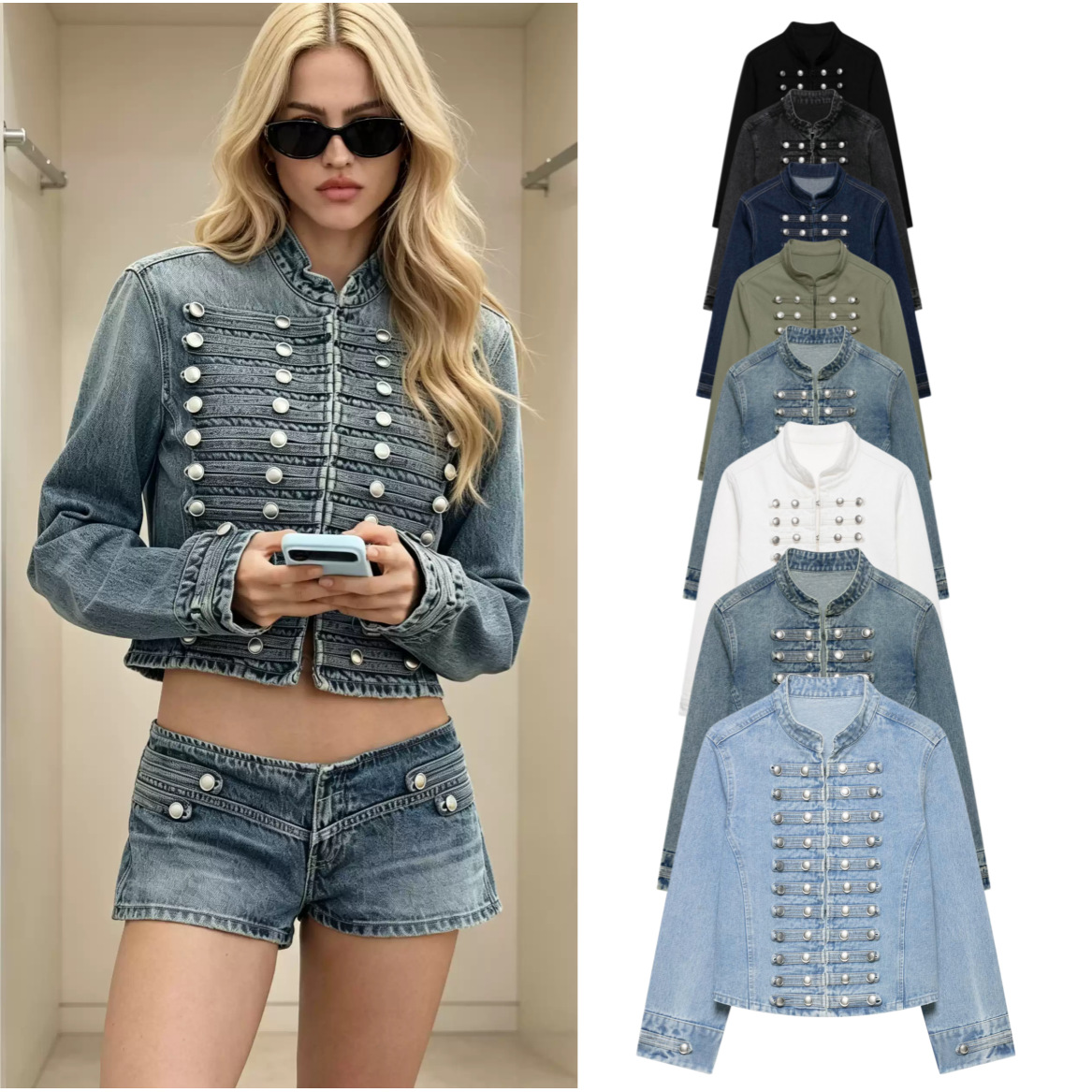 Pb&Za European and American Fashion Napoleon-Style Button Embroidery Patchwork Slim-Fit Denim Short Jacket Top 0695074