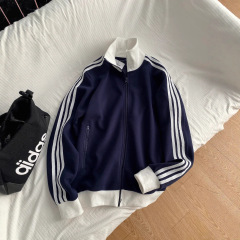 三条杠蓝色外套女款春秋黑色韩系夹克棒球服运动穿搭上衣女早秋季