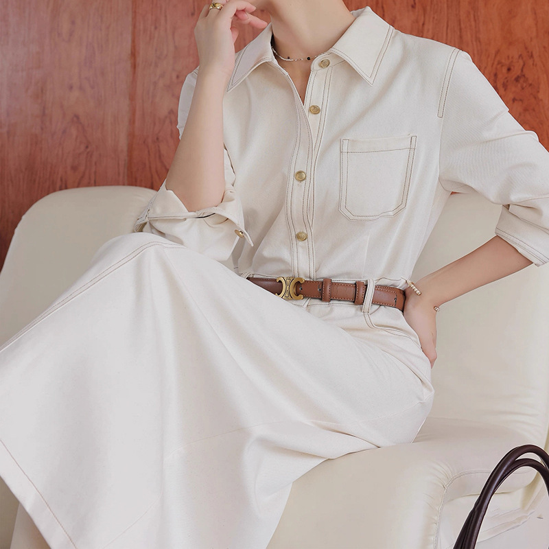 现货厂家批发 长袖天丝衬衫连衣裙女 新款工装风通勤高腰长裙子|undefined