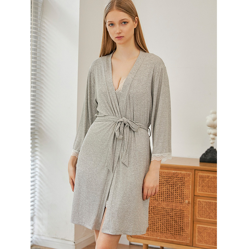 Pijamas sexy femininos profundo v rendas deslizamento camisola modal algodão casa roupão conjunto_voghion.com