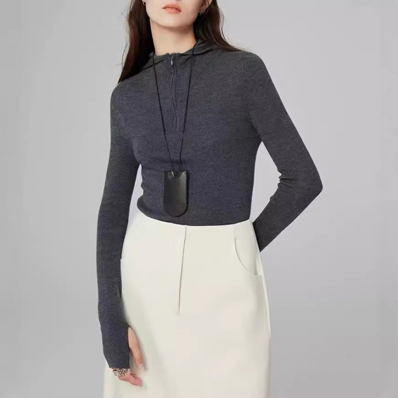 # Imported Yangtze Yarn Machine Washable Seamless One-piece Fine Wool Hooded Knitwear Women's Autumn and Winter Half Zipper Base Shirt