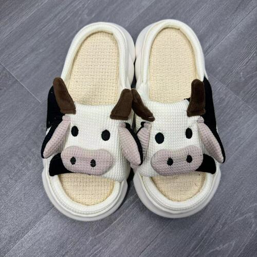 2024 New Four-Season Universal Indoor Home Cotton Linen Cool Slippers Cute Cartoon Cow Linen Slippers Anti-Slip