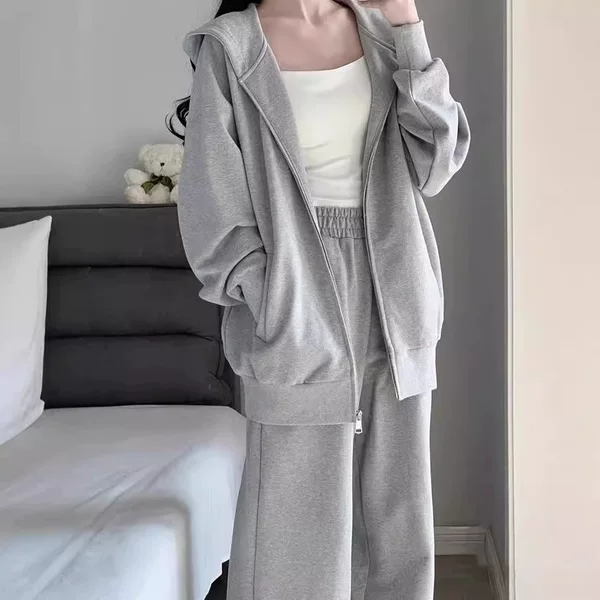 Autumn Casual Sports Suit for Women 2025 New Style Lazy Style Loose Hooded Gray Sweatshirt Wide-Leg Pants Two-Piece Set