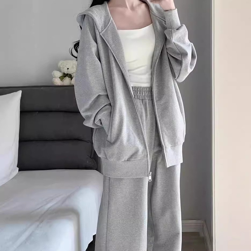 Autumn Casual Sports Suit for Women 2025 New Style Lazy Style Loose Hooded Gray Sweatshirt Wide-Leg Pants Two-Piece Set