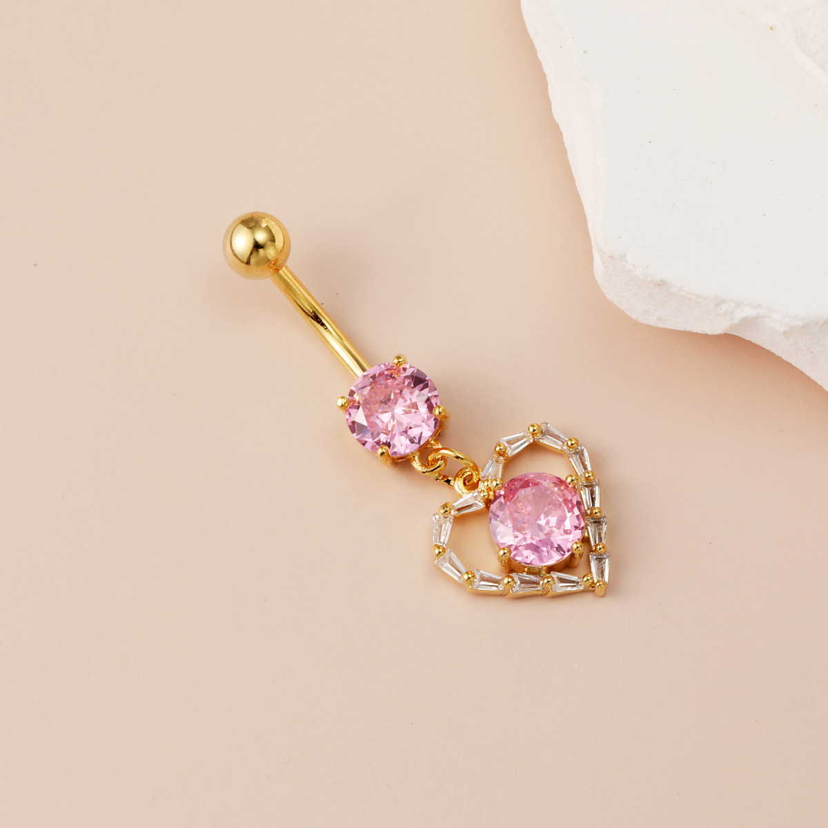 Heart Shaped Pink Diamond Belly Button Ring With Unique Design_voghion.com