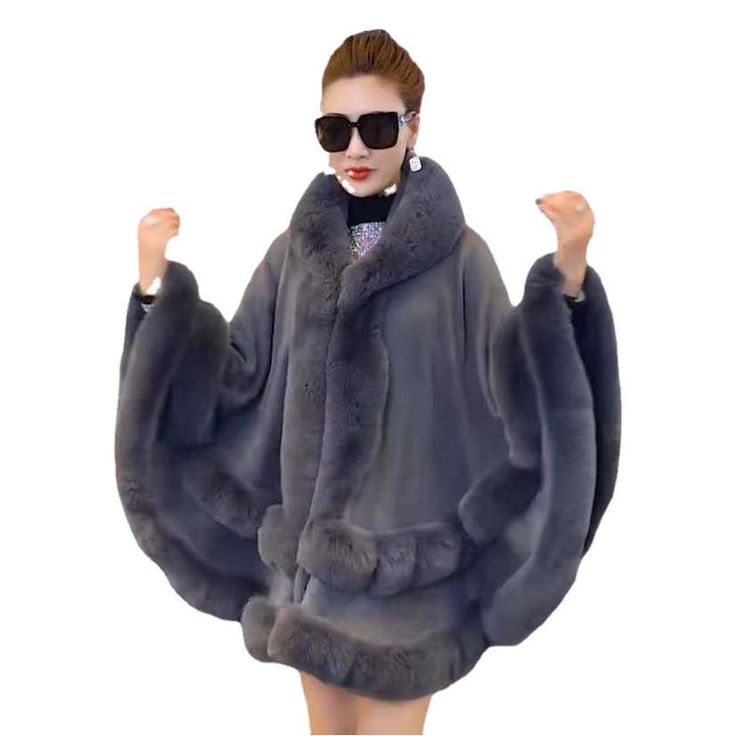 679# European and American autumn and winter New imitation Rex rabbit fur collar hooded shawl Cape large size knitted coat cardigan women