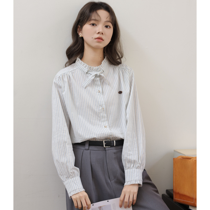 独特别致上衣立领系带收领衬衣女2025秋季新款日系蓝色条纹衬衫|undefined
