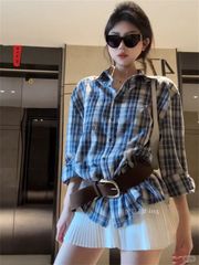 复古慵懒风高级感格纹POLO领长袖衬衫女春季宽松显瘦气质百搭衬衣
