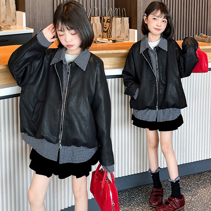 女童外套春秋款2025新款洋气儿童秋装时髦格子拼接皮衣假两件夹克|undefined
